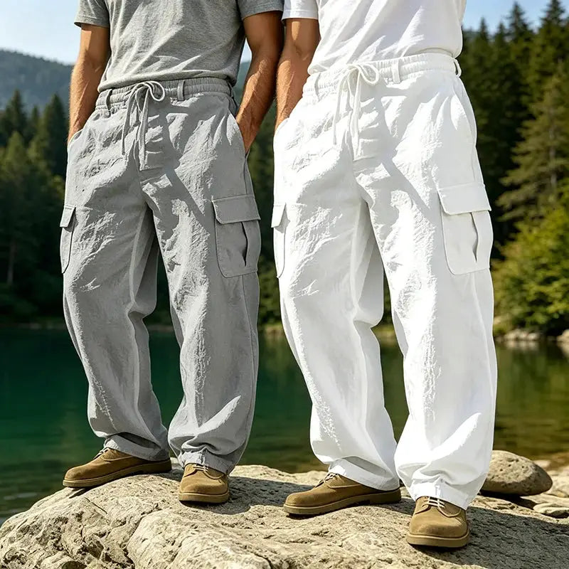 Simples Market men's cotton-linen cargo pants, gray/white, multiple pockets, drawstring waist, loose straight leg (2 pairs)