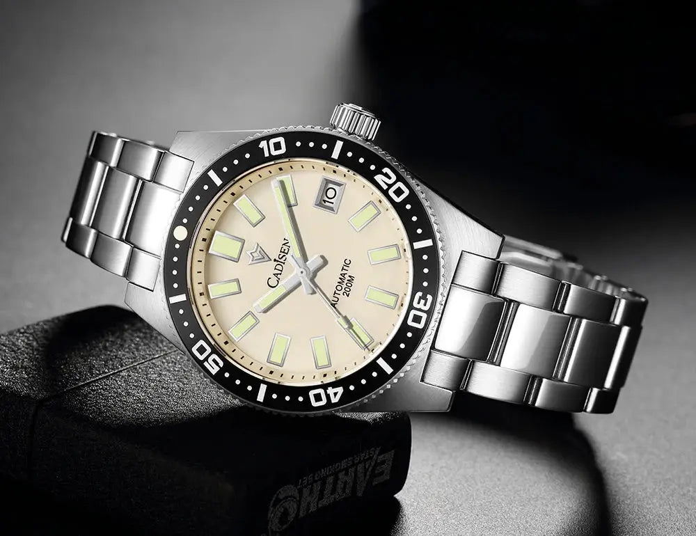 CADISEN 38mm diver watch, stainless steel bracelet, beige dial, automatic, date