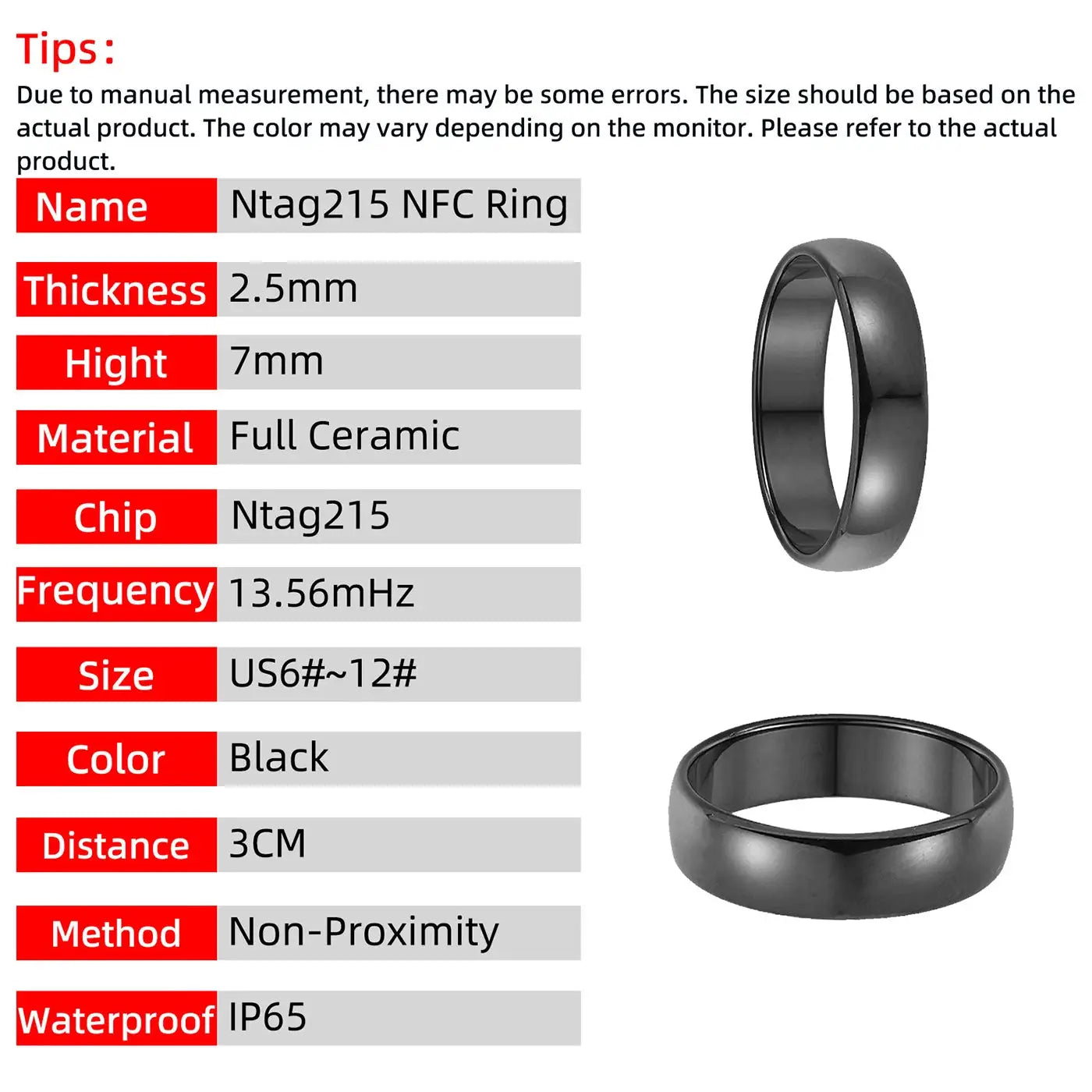 Two black full-ceramic Ntag215 NFC rings with Ntag215 chip; 2.5mm thick, 7mm high, US6–12, IP65 waterproof