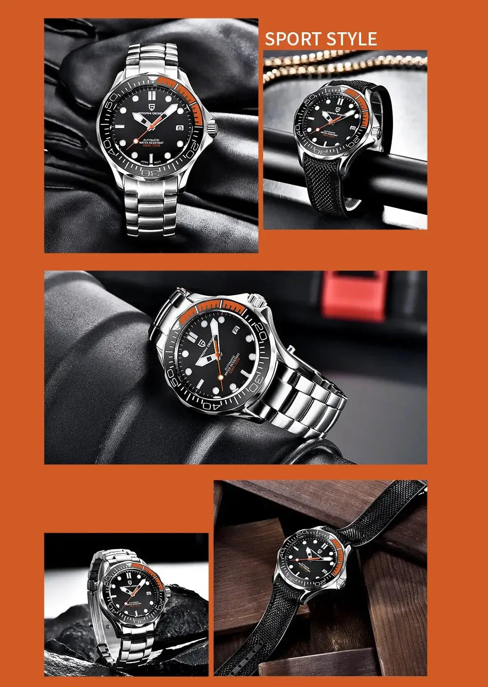 Pagani Design 007 men's watches; five stainless steel band models with black dials and orange bezels.