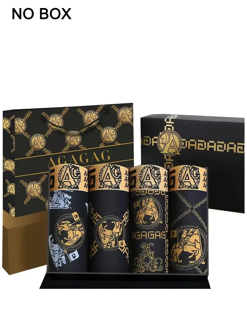 4-piece men's antibacterial boxer set in black with gold ornate patterns, displayed in a black-gold gift box