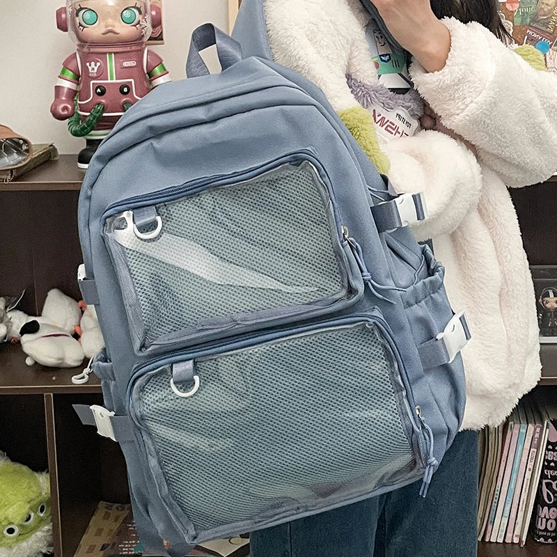 Backpack Japanese-style transparent ita bag in light blue with large-capacity mesh pockets by Simples Market