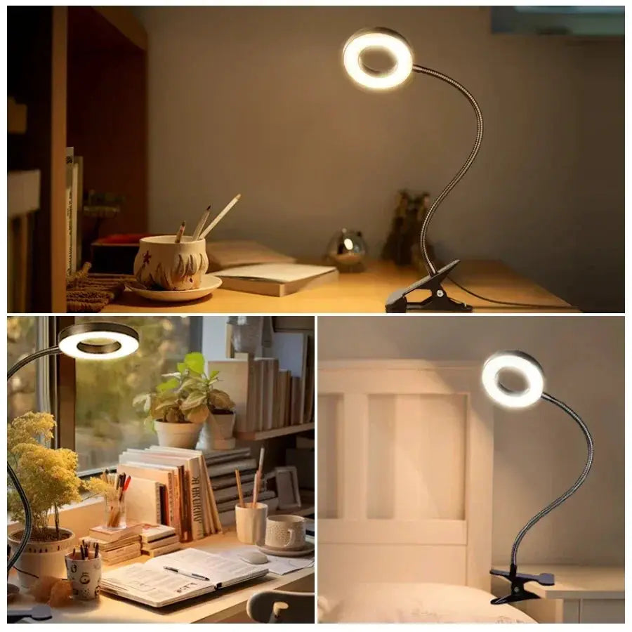 LED Desk Clip Study Lamp Simples Market; black flexible gooseneck ring LED with clip base, USB-powered, 3-color options