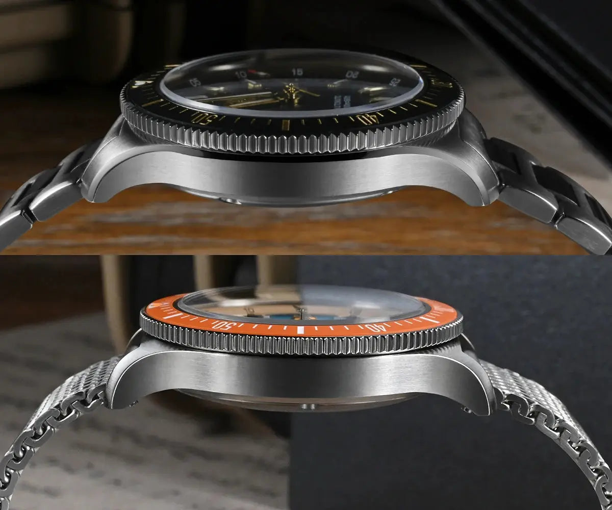 San Martin 40mm dive watches, two-pack: black-dial and orange-bezel, stainless steel bracelet, Simples Market