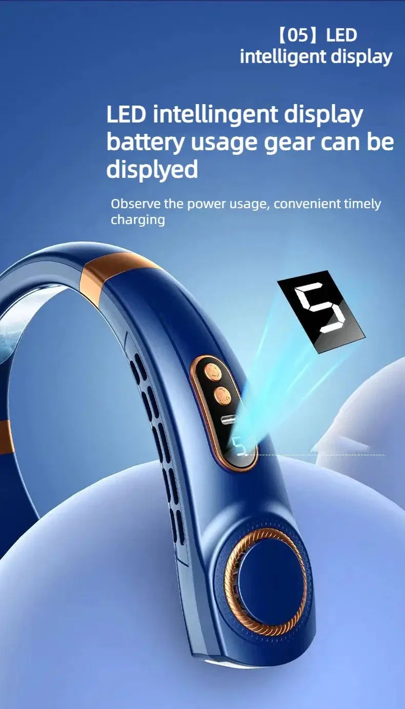 JKUOO portable neck fan, blue with copper accents, bladeless design and LED display; USB-rechargeable 4000mAh