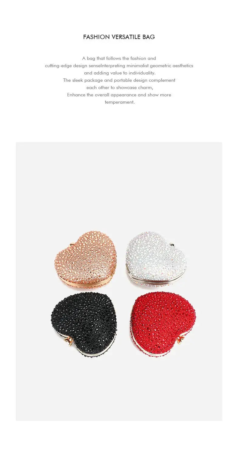 Heart-shaped crystal clutch purses with diamond inlays in rose gold, silver, black, and red; four-piece set by Simples Market