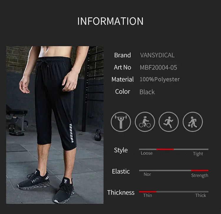 SONECHOKI men's black calf-length running pants with printing, quick-dry polyester fabric, Vansydical