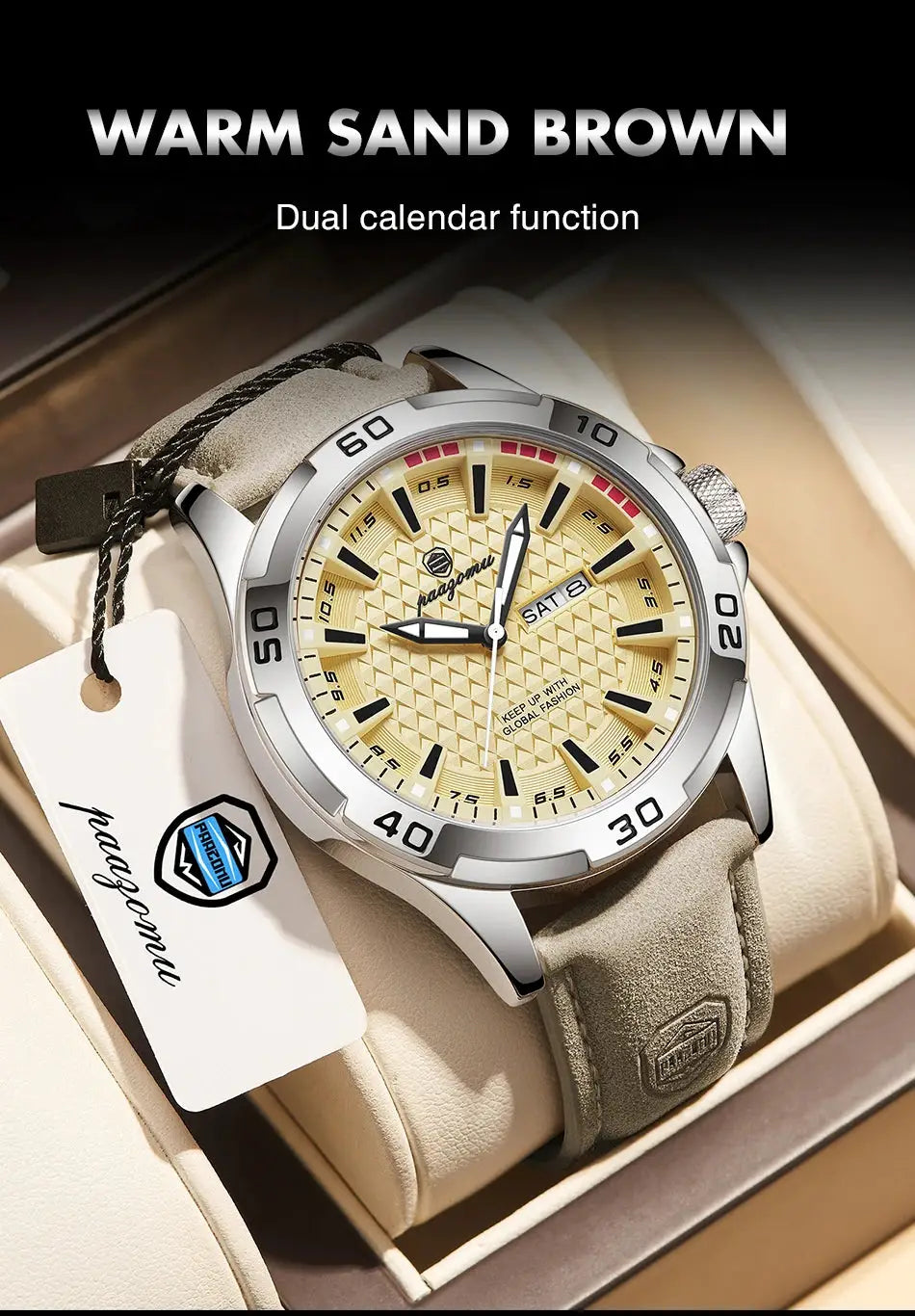 PAAZOMU men's luxury watch with warm sand brown dial, date and day window, stainless steel bezel, beige suede strap