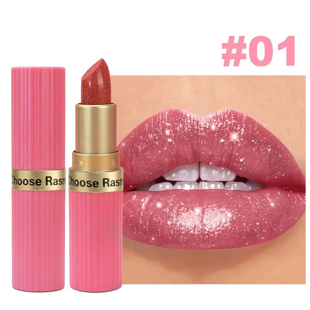 LuxeGleam Pearlescent Pink Glitter Velvet Lipstick Metallic Waterproof Long Lasting Matte Shimmer Finish