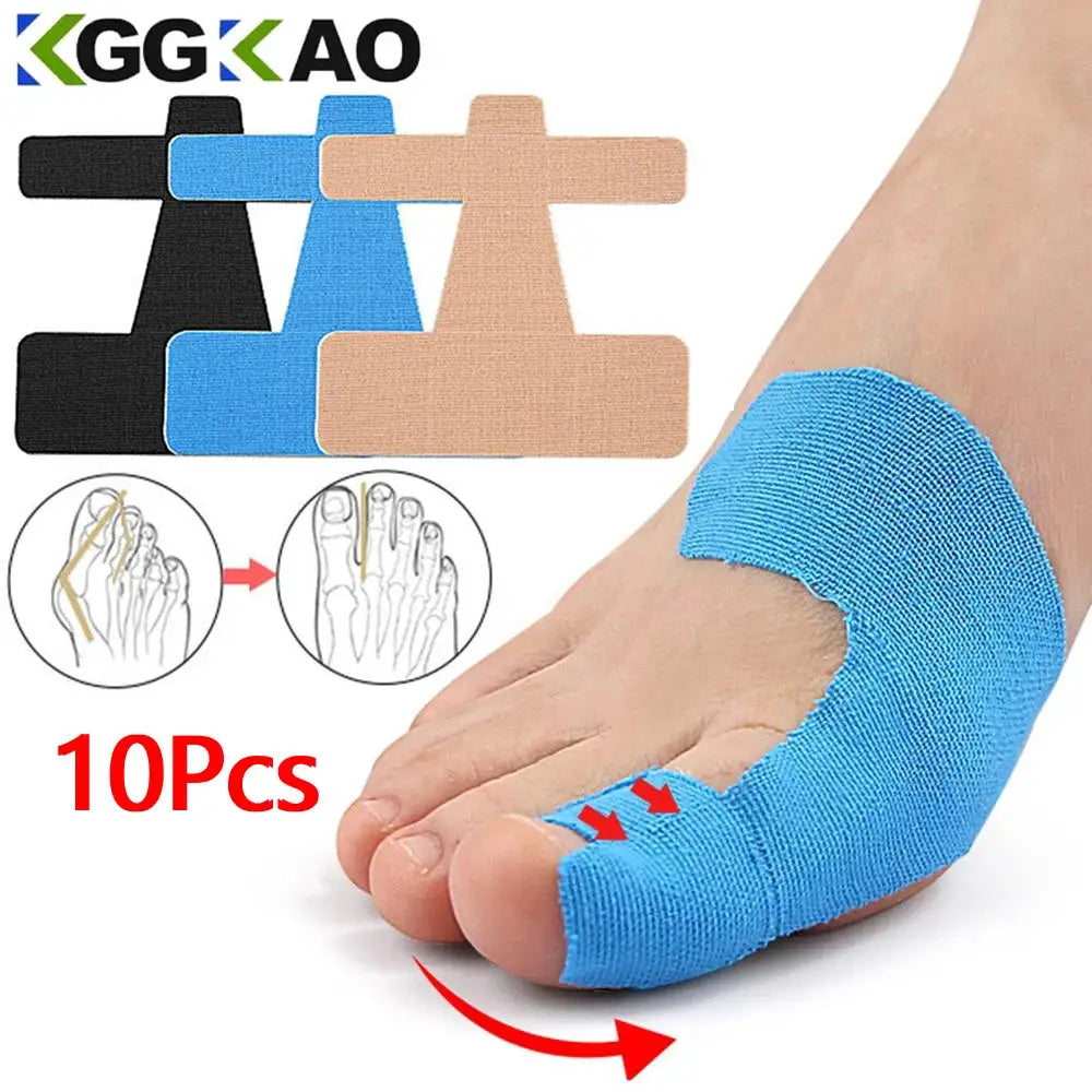 Simples Market 10-piece precut kinesiology tape set for bunion and big toe support, hypoallergenic latex-free, blue