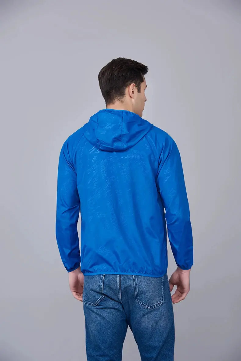 Hiking jacket JNLN, blue waterproof unisex hooded windbreaker for outdoor trekking.