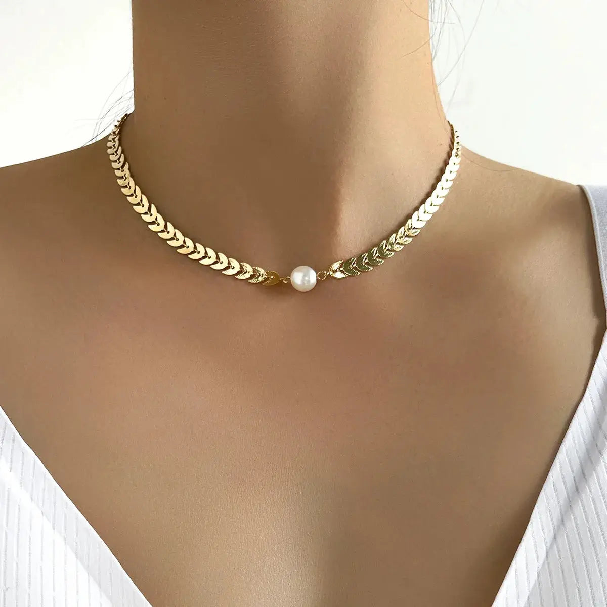 Pearl choker necklace, gold-tone with a single white pearl centerpiece for women