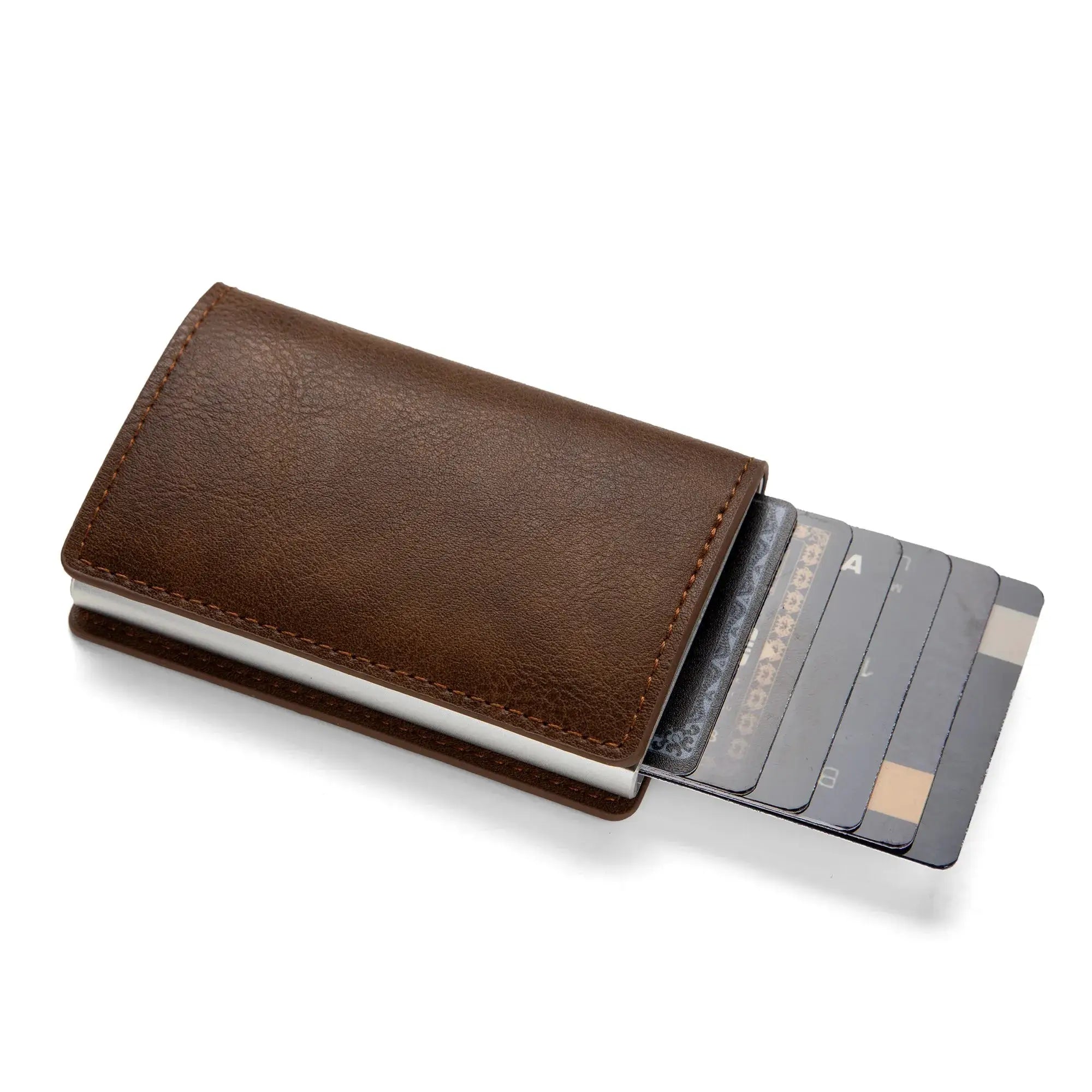 Anti-theft RFID card holder wallet in brown PU leather by Simples Market, slim minimalist design with multiple card slots.