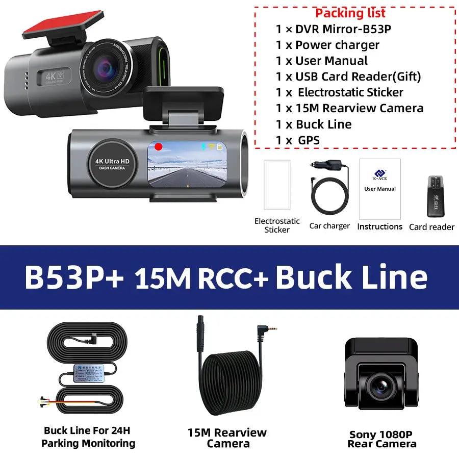 Simples Market 4K Dash Cam with GPS, WiFi, 24H night vision; front and optional rear lens, black
