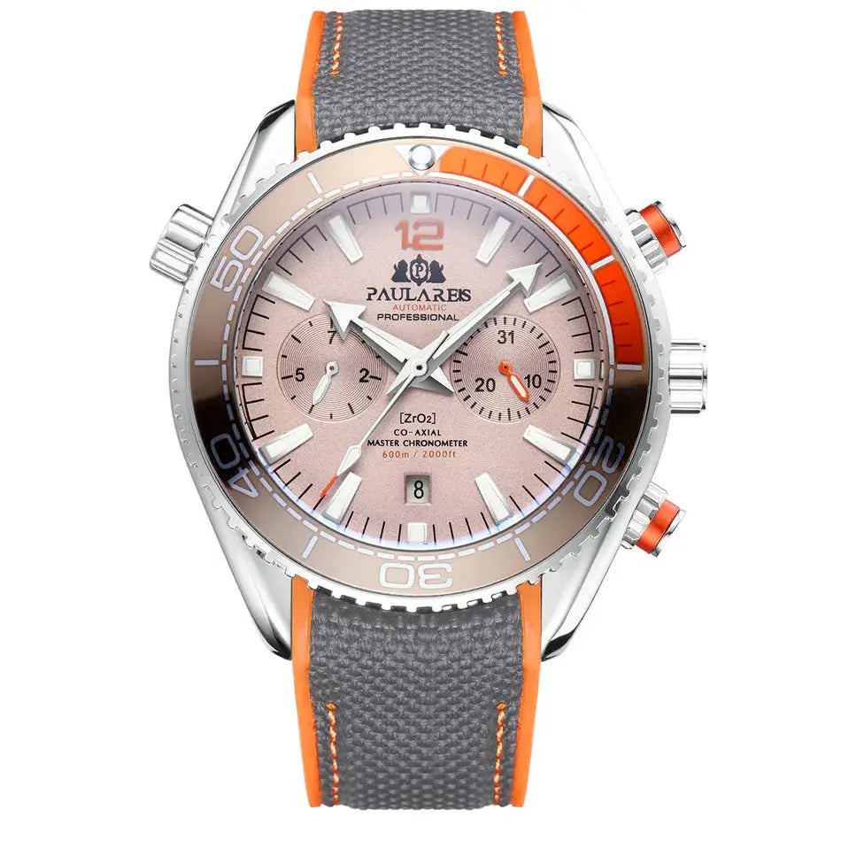 PAULAREIS automatic men’s watch with orange bezel and gray strap, rose dial, subdials, date