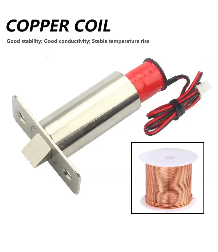 DC12V/24V embedded electric bolt lock for wooden doors with stainless steel body; red end cap; copper coil spool inset.