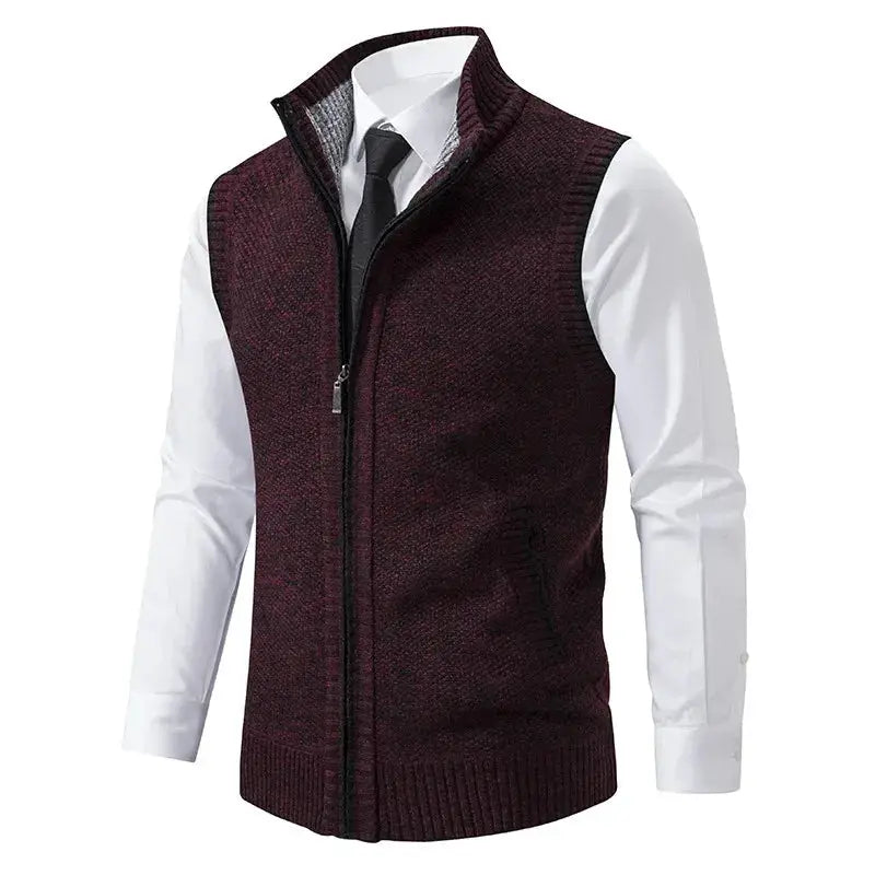 Men's knitted sleeveless zip-up sweater vest in burgundy with stand collar, Simples Market