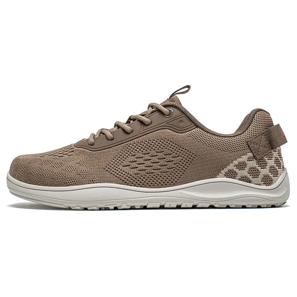 HOBIBEAR knit barefoot sneakers for unisex use, zero-drop, breathable tan mesh, wide toe.