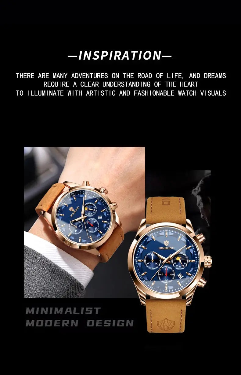 Two Binbond men's luminous quartz watches with blue dials, tan leather straps, rose-gold cases, chronographs and date