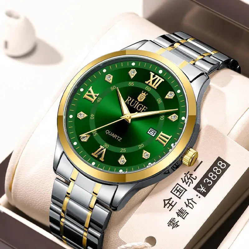 Ruige Mens Watch Minimalist Roman Dial Night Glow Water Resistant Stainless Steel Band