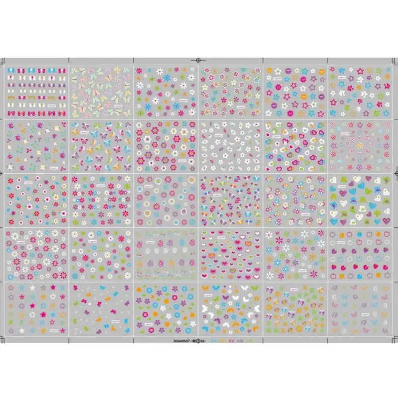 Simples Market nail sticker sheets; 30 neon glow-in-the-dark 3D designs with butterflies and hearts, glittery glossy self-adhesive.