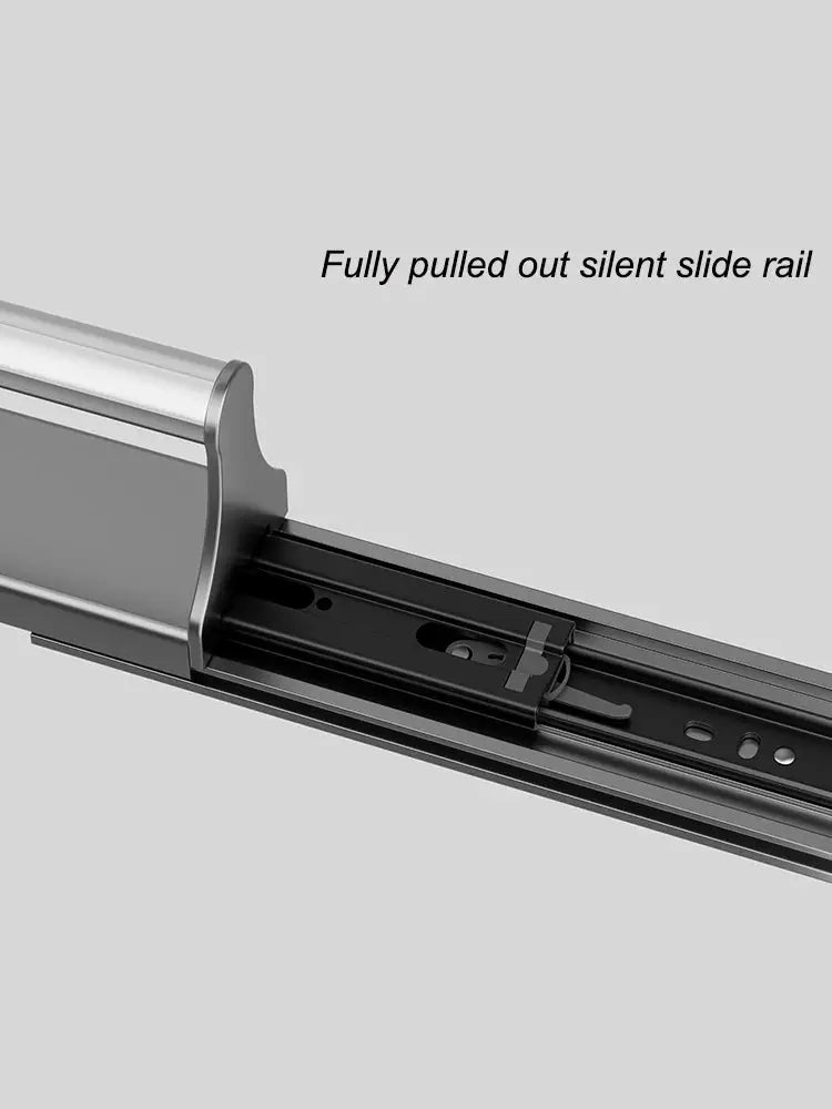 Pull-out wardrobe slide rail for trouser hangers; silver metal track with smooth sliding mechanism