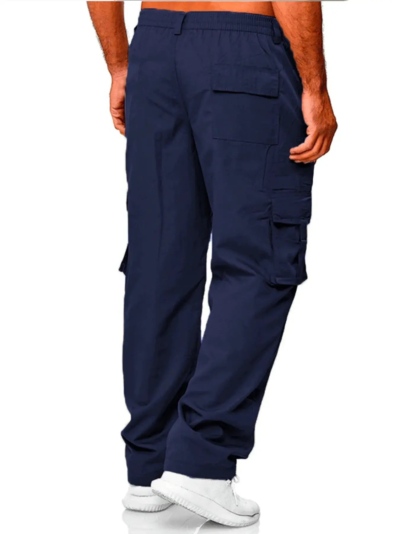 Men's navy cargo pants with large thigh pockets and multiple pockets, loose straight fit