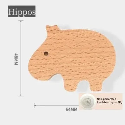 Hippo-shaped wooden wall hook in natural wood finish, Simples Market, 64mm wide by 48mm high, load-bearing about 3kg