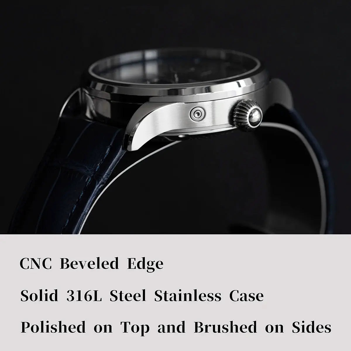 Sugess men's moonphase watch; 316L stainless steel case with polished top and brushed sides, blue leather strap
