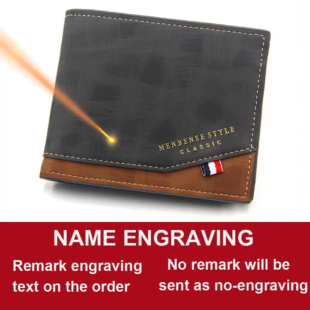 Men's slim black frosted leather wallet with brown lower panel and white stitching; features a small tricolor tab.