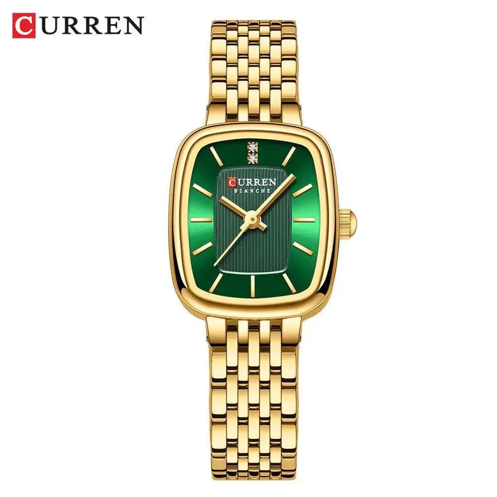 CURREN 9093 women's quartz watch, gold-tone with green dial and diamond accents, metal link bracelet