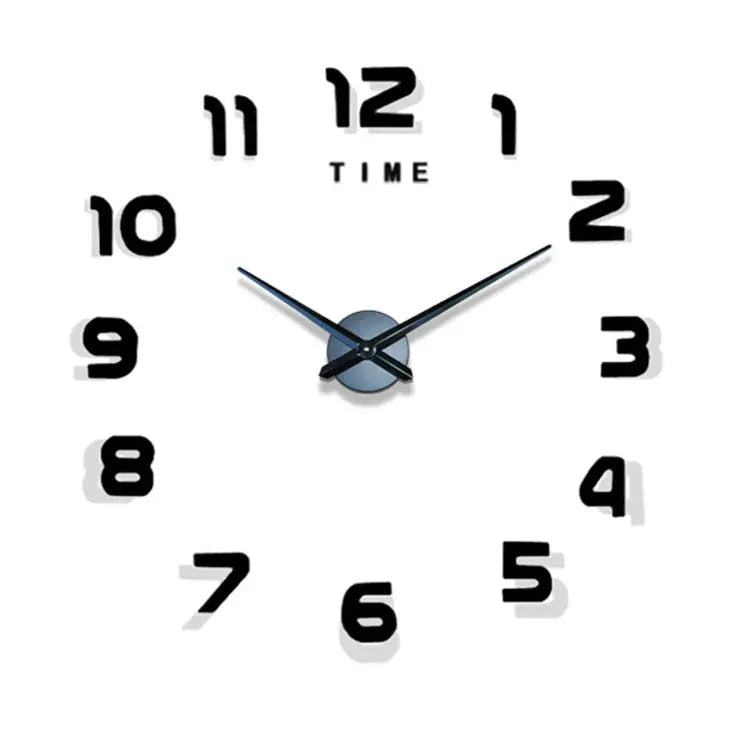 3D wall clock with oversized black numerals around a blue center and black hands, ideal for living room decor.