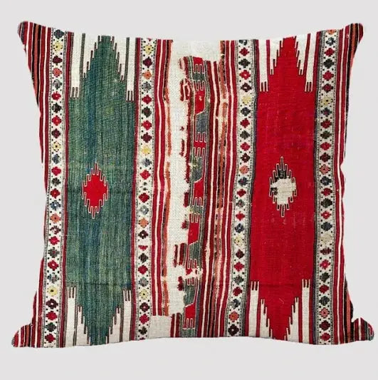 Linen cushion cover with multicolor bohemian stripes and geometric print for living room decor by Simples Market decorative pillow