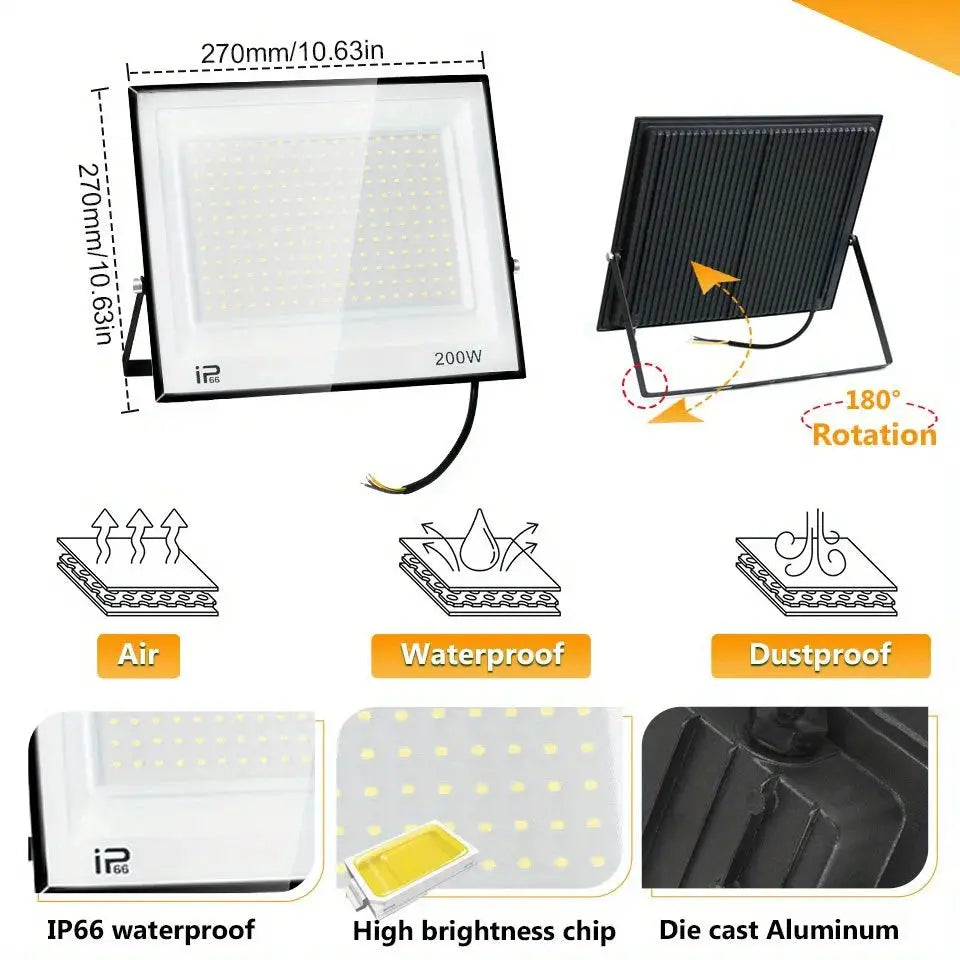 LED floodlight 200W outdoor street lamp with IP66 waterproof, die-cast aluminum housing and 180 degree adjustable bracket