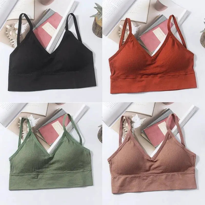 Kit 4 Women Seamless Bra Set by Simples Market; padded cotton bras in black, rust, olive green, and taupe.