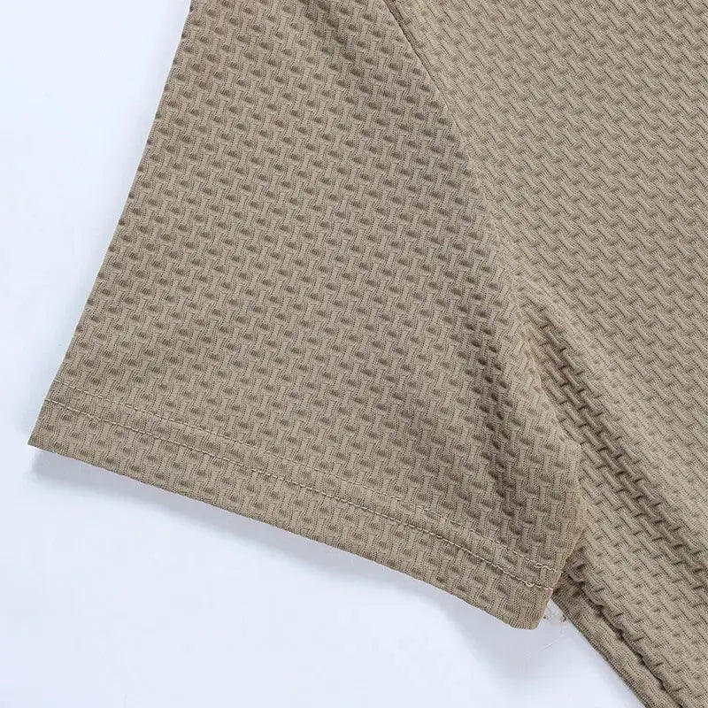 Men's business casual polo shirt, bone beige, textured waffle-knit fabric, breathable short sleeves