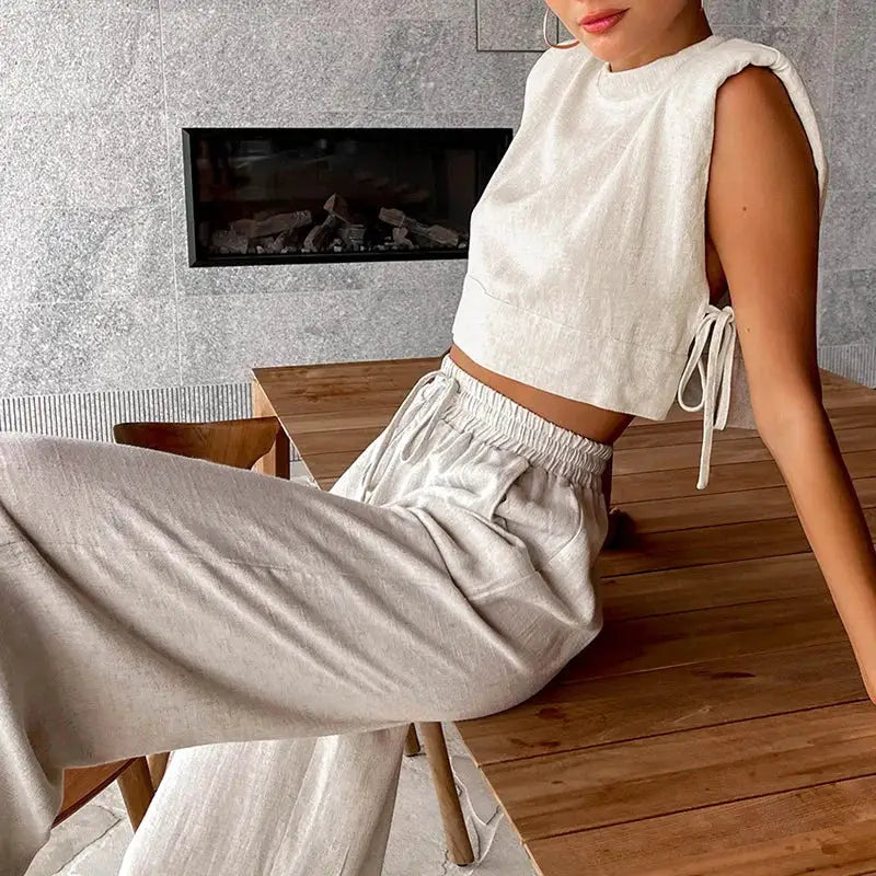 Linen Two Piece Pant Set With Crop Top For Women Spring Summer 2025