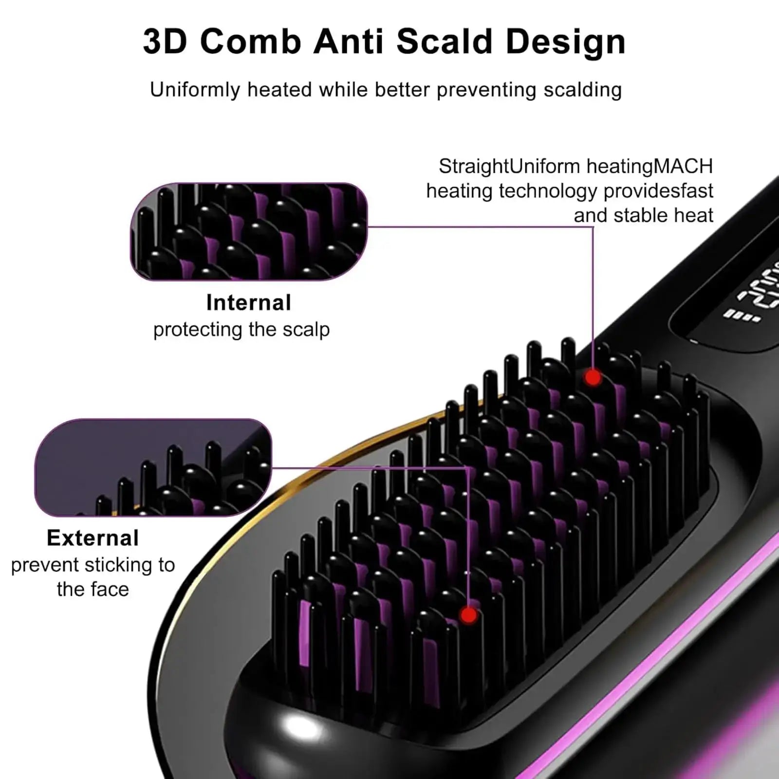 Simples Market USB charging cordless hair straightening brush with LED display, ceramic coating, black body and purple bristles
