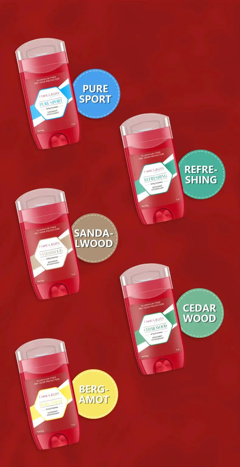 Aluminum-free men's deodorant set in red bottles with sandalwood, cedarwood, bergamot, pure sport, and refreshing scents (5pk)