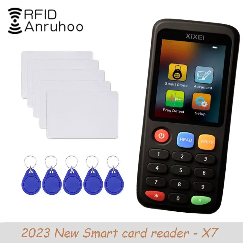 X7 RFID smart card reader with 5 blank white cards and 6 blue key fobs