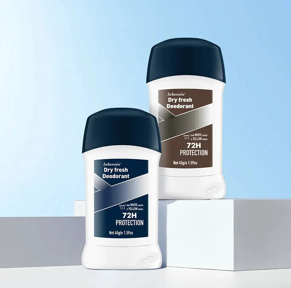 Two dry fresh deodorant bottles with blue and brown labels, 72H protection.