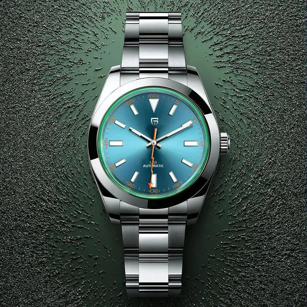Pagani Design stainless steel bracelet men's automatic watch with blue dial, green bezel, AR sapphire crystal