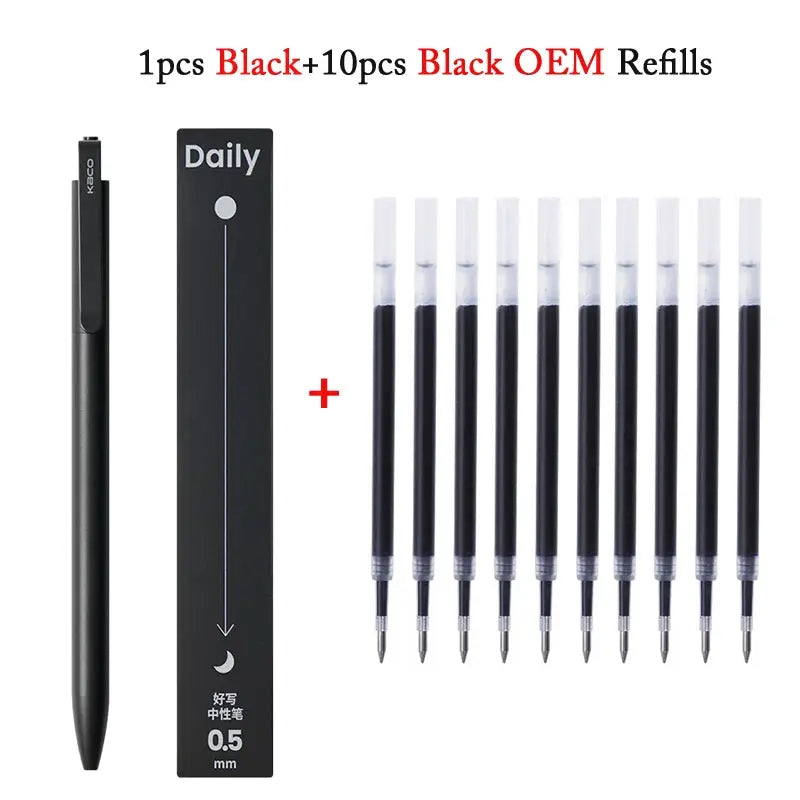 KACO gel pen with metal clip, black 0.5mm ink, 800m capacity; 1 pen + 10 refills in box