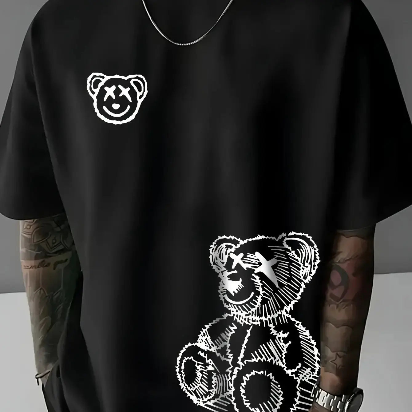 Summer Men's 100 Percent Pure Cotton Casual T Shirt With Cartoon Bear Pattern Round Neck Short Sleeve