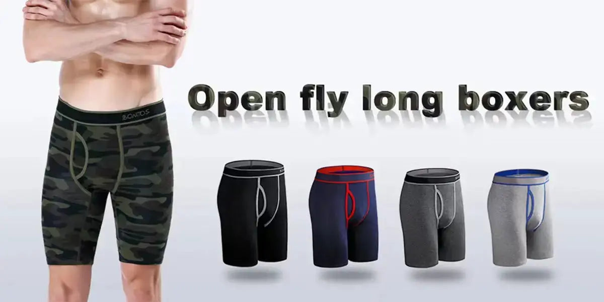 Simples Market cotton print open-fly long men's boxers; camo design plus four color options