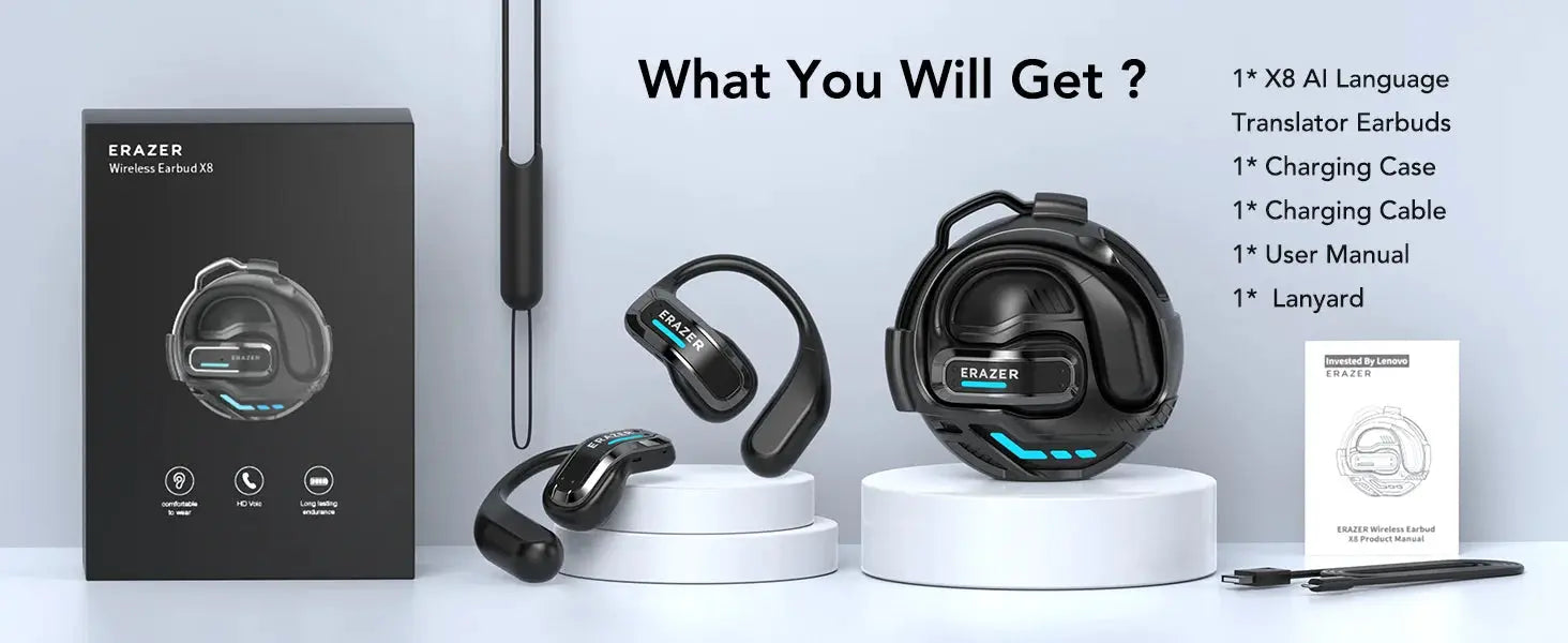 ERAZER X8 AI Translator Earbuds, black wireless gaming earbuds with charging case
