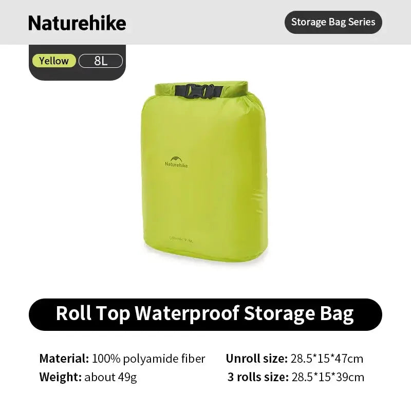 Naturehike yellow rolled storage bag, 8L, waterproof lightweight polyamide fiber organizer