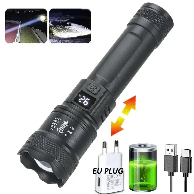 VoltPro UltraBeam 300000LM Tactical LED Flashlight With Digital Display And USB C Charging For Camping And Hunting