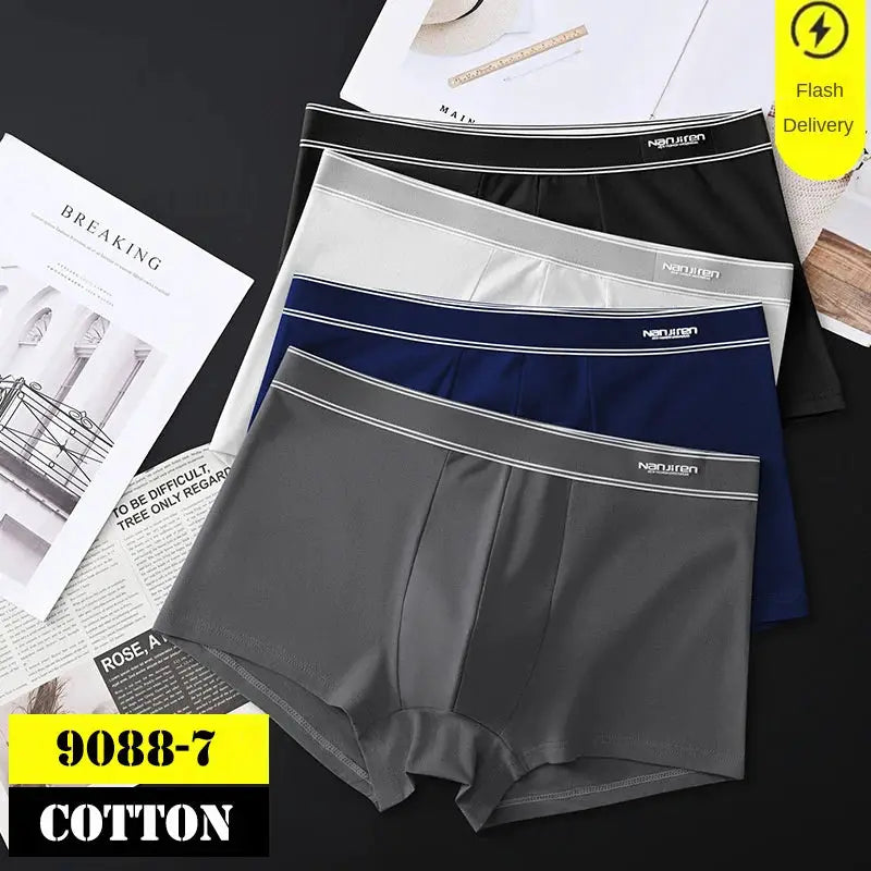 4-piece men's cotton boxer shorts set in black, gray, light gray, and navy with branded waistbands
