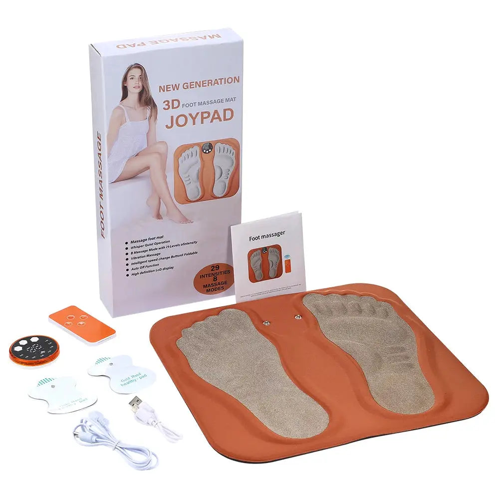3D Foot Massage Pad Joypad by Simples Market; orange foot massager mat with dual pads, remote, cables, and instruction card.